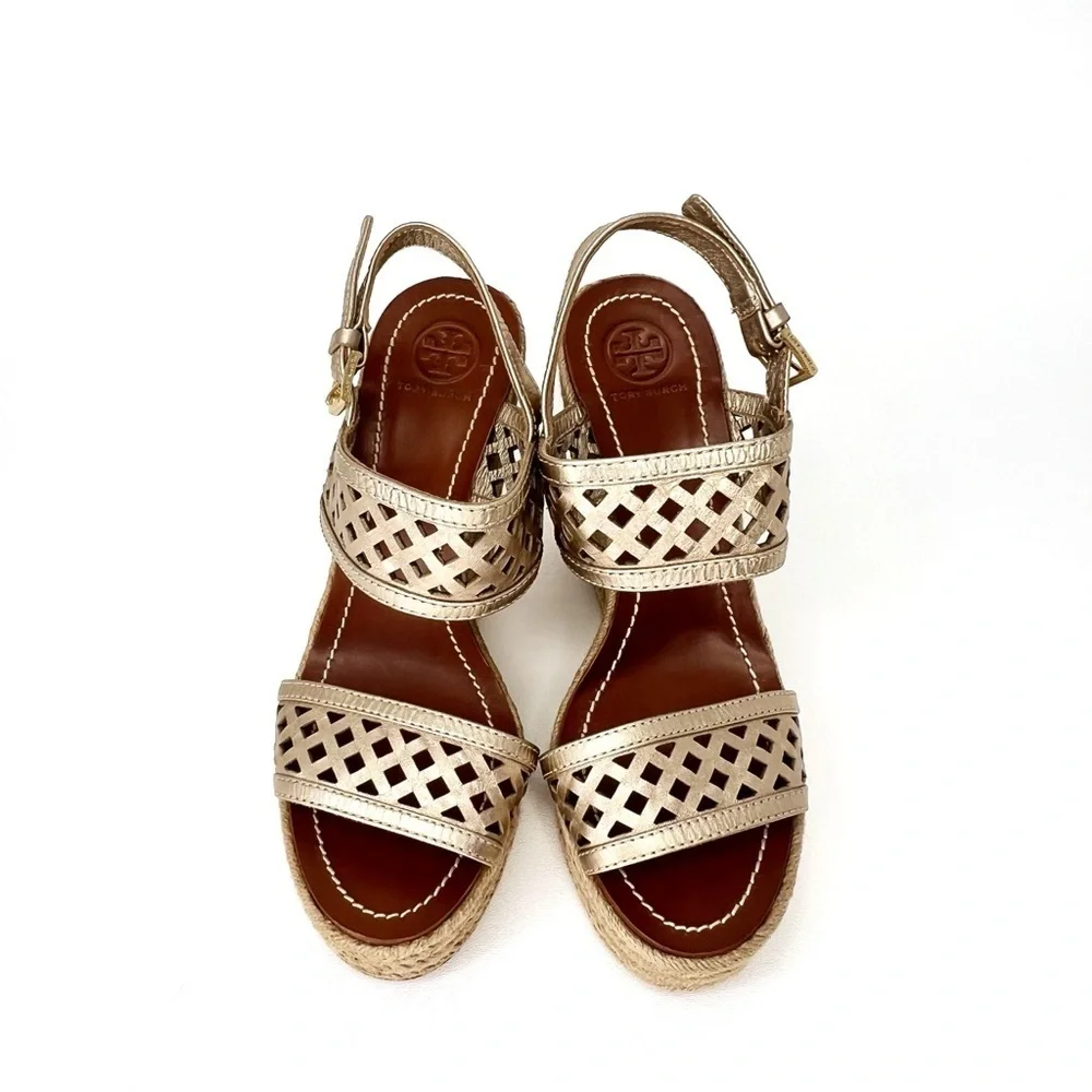 Tory Burch Wedge Espadrille Sandals Size 8 Platinum Metallic Leather Heels Shoes